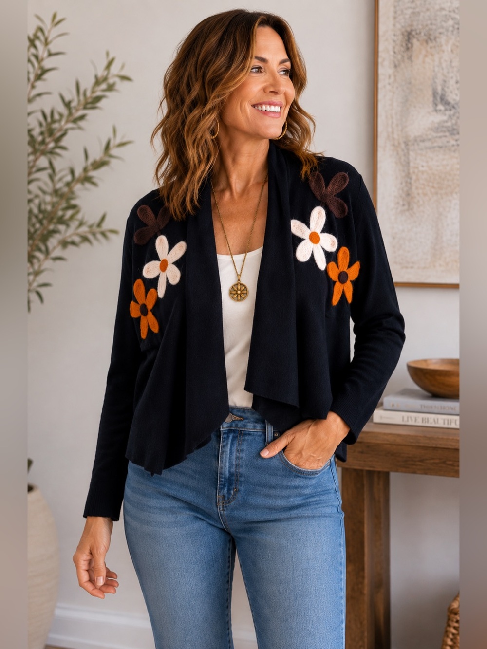 Aaeda Floral Appliqué Draped Cardigan – Size L – Artsy‎ Boho Statement Knit